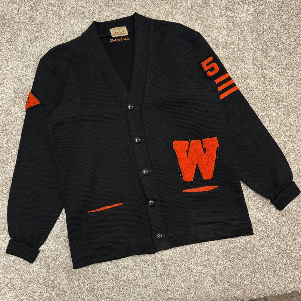 Vintage Dehen Wool‎ Letterman Varsity Cardigan Sweater Black Orange Chenille USA